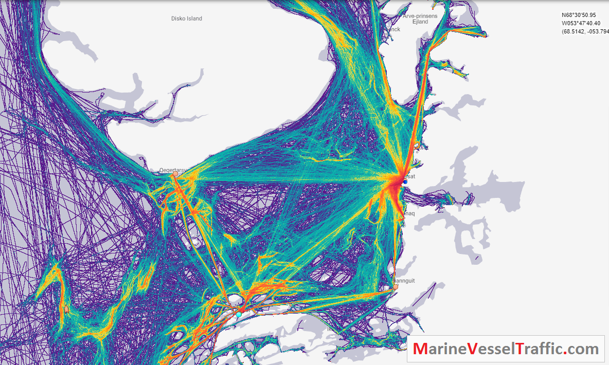 Live Marine Traffic, Density Map and Current Position of ships in DISKO BAY